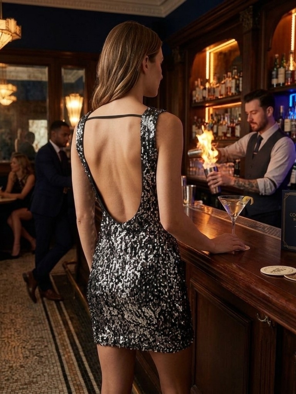 Express Black and Silver Sequin Backless Mini Dress
